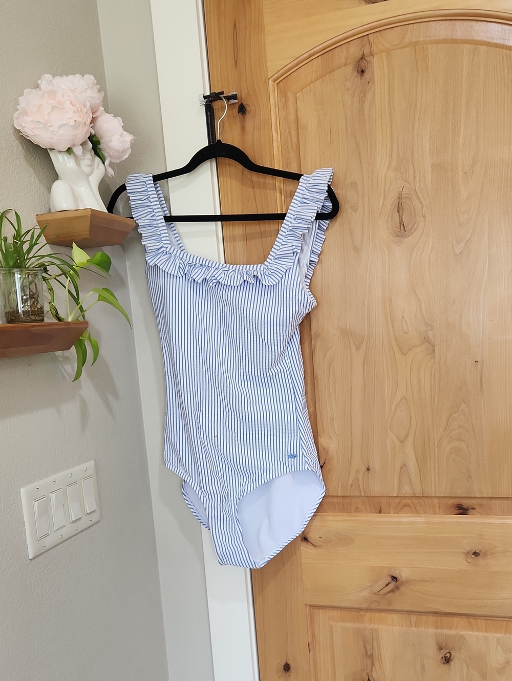 Ruffle Butts Blue and White Striped Ruffle-Shoulder One-Piece